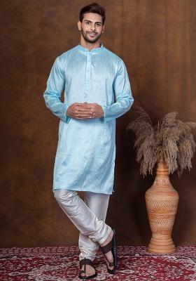 Sku Blue Solid Blended Kurta Churidar Set For Men