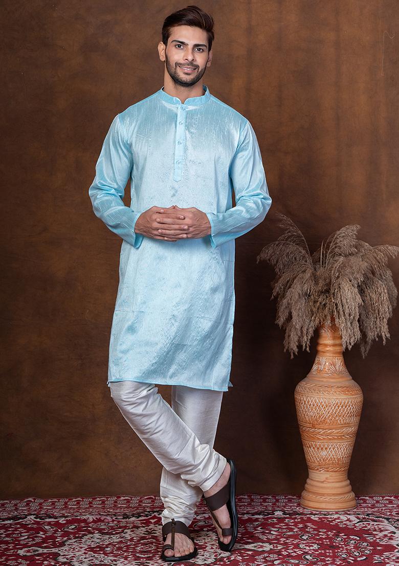 Sku Blue Solid Blended Kurta Churidar Set For Men