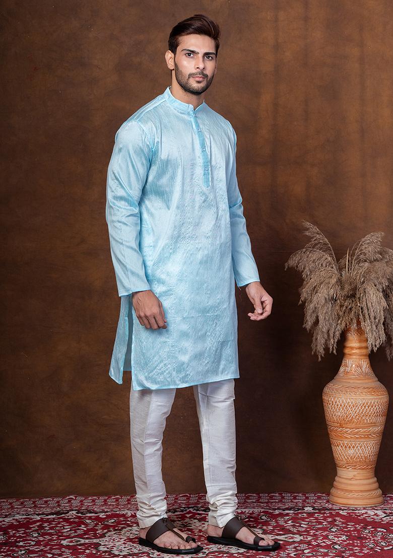 Sku Blue Solid Blended Kurta Churidar Set For Men