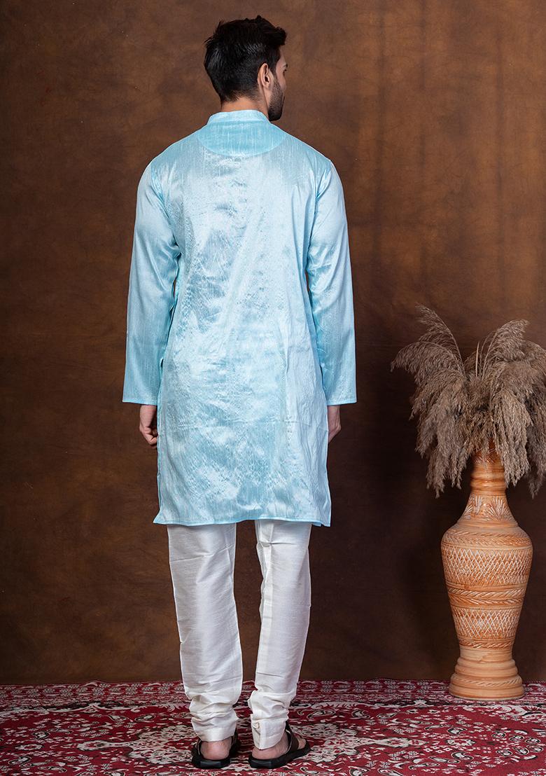 Sku Blue Solid Blended Kurta Churidar Set For Men