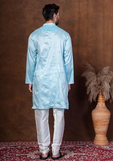 Sku Blue Solid Blended Kurta Churidar Set For Men