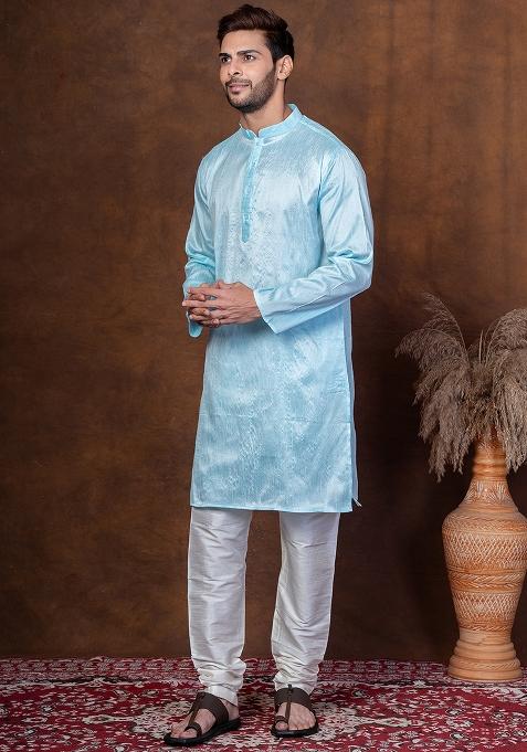 Sku Blue Solid Blended Kurta Churidar Set For Men