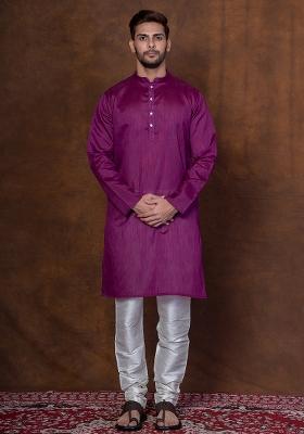 Purple Solid Blended Kurta Churidar Set For Men