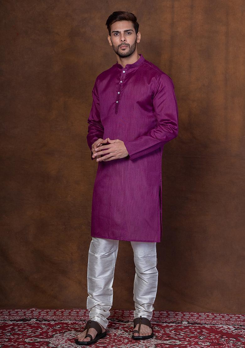 Purple Solid Blended Kurta Churidar Set For Men