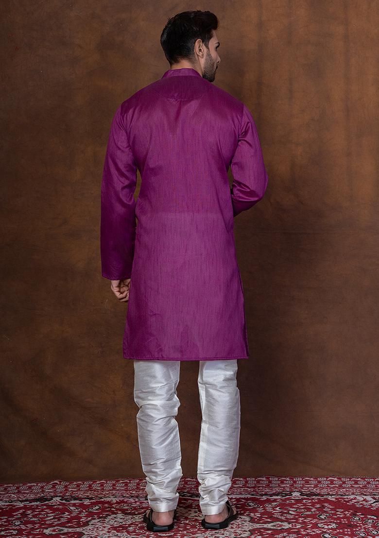 Purple Solid Blended Kurta Churidar Set For Men