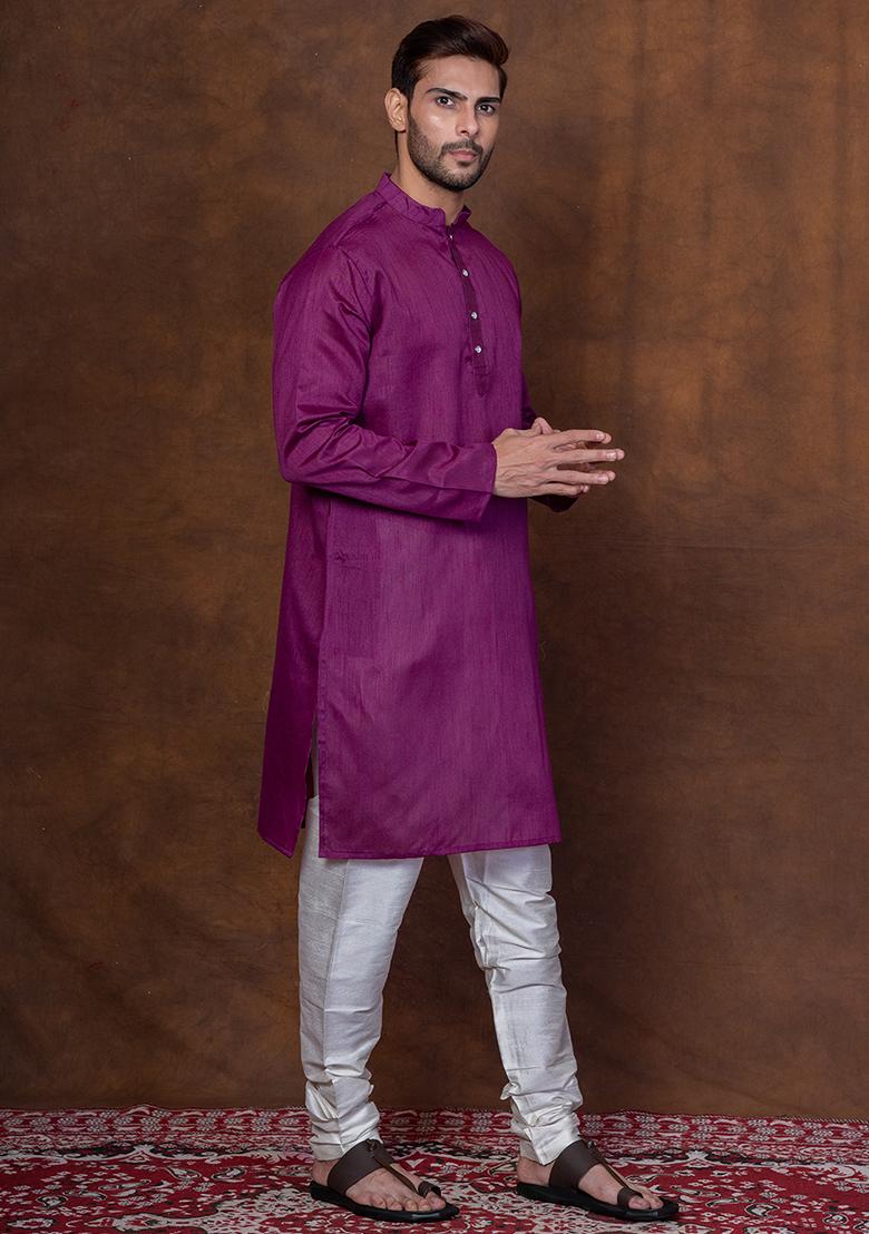 Purple Solid Blended Kurta Churidar Set For Men