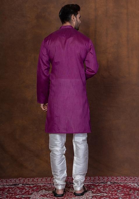 Purple Solid Blended Kurta Churidar Set For Men