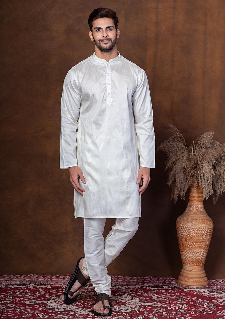 Off White Solid Blended Kurta Churidar Set For Men