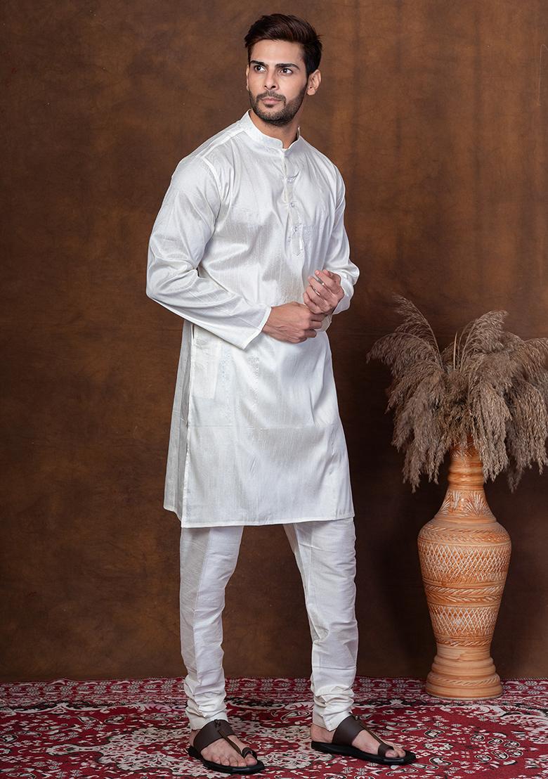 Off White Solid Blended Kurta Churidar Set For Men - Indya