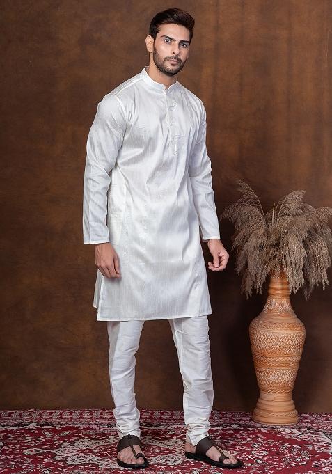 Off White Solid Blended Kurta Churidar Set For Men