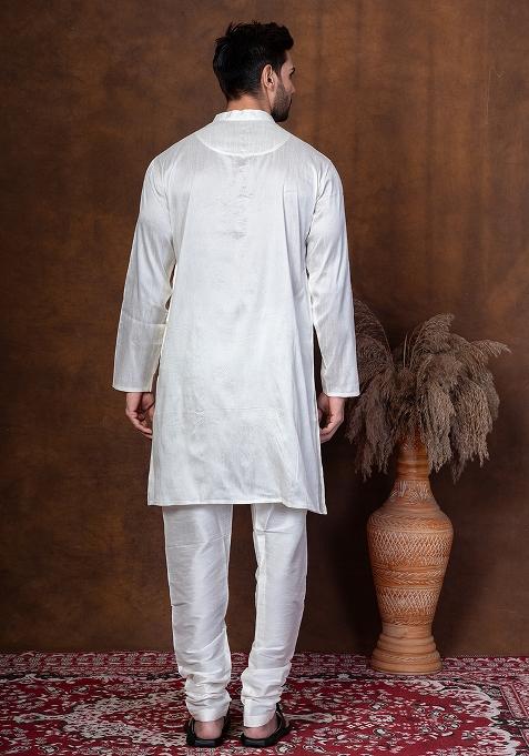 Off White Solid Blended Kurta Churidar Set For Men