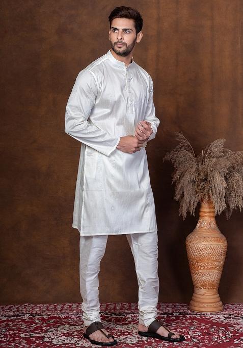 Off White Solid Blended Kurta Churidar Set For Men