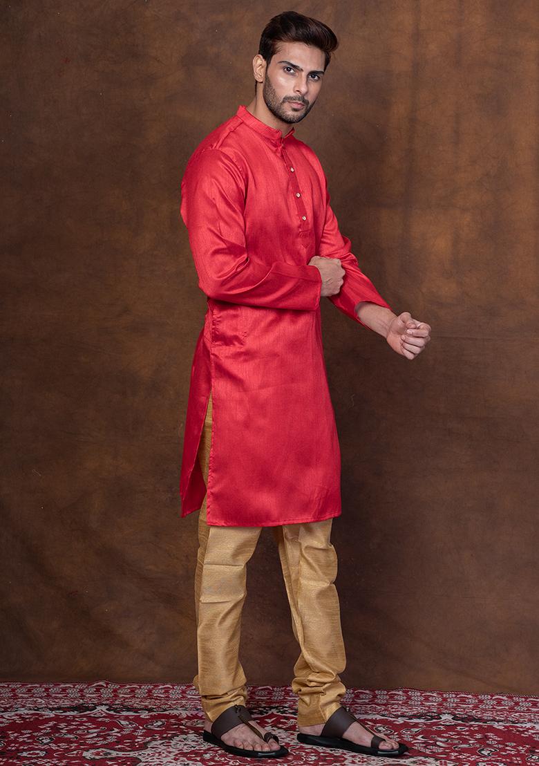 Red Solid Blended Kurta Churidar Set For Men