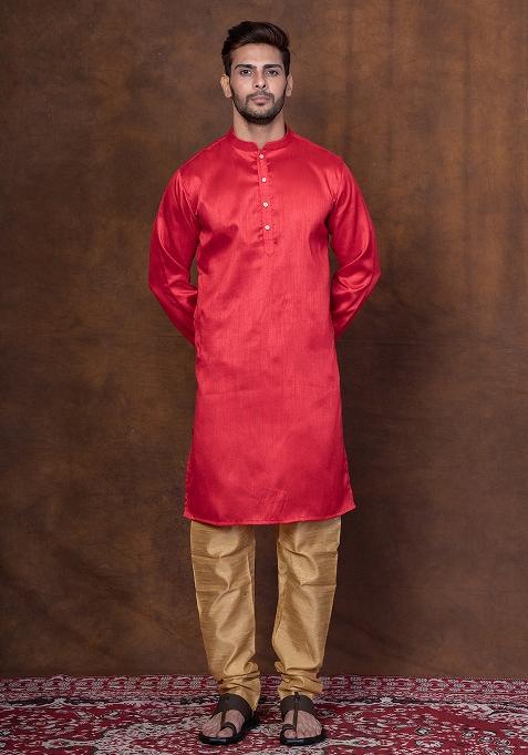 Red Solid Blended Kurta Churidar Set For Men