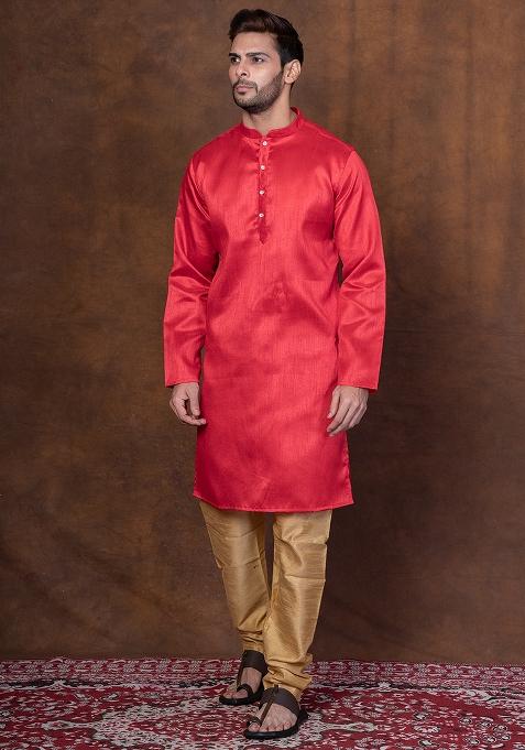 Red Solid Blended Kurta Churidar Set For Men