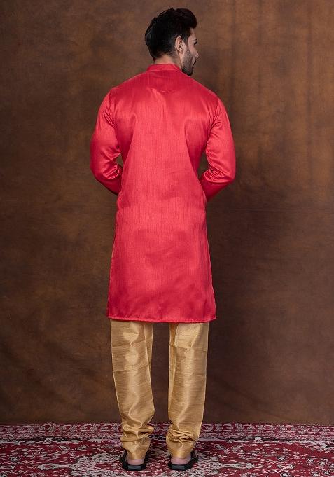 Red Solid Blended Kurta Churidar Set For Men