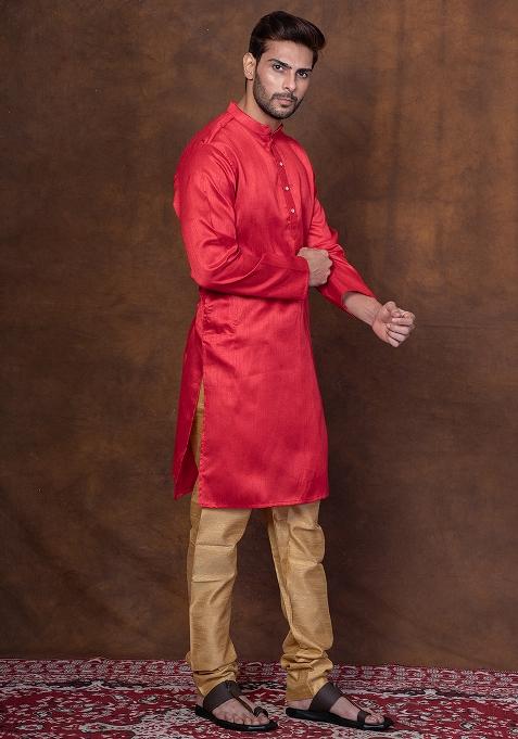 Red Solid Blended Kurta Churidar Set For Men
