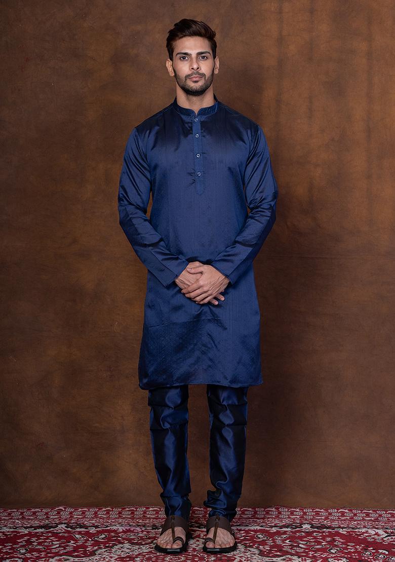 Navy Blue Solid Blended Kurta Churidar Set For Men