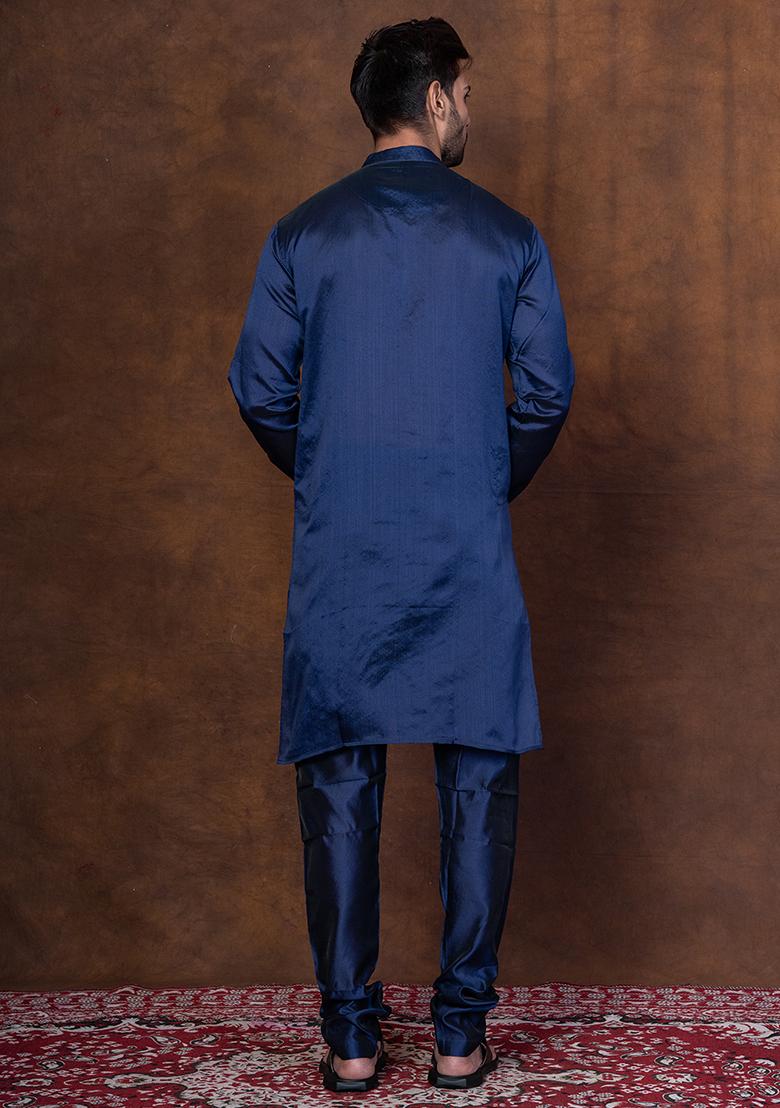 Navy Blue Solid Blended Kurta Churidar Set For Men