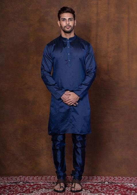 Navy Blue Solid Blended Kurta Churidar Set For Men