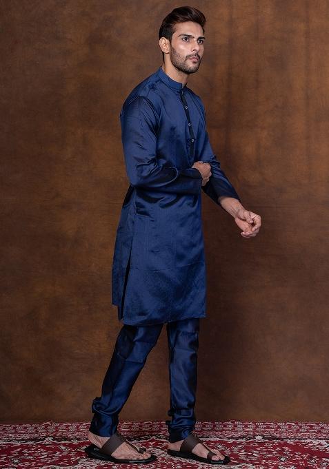 Navy Blue Solid Blended Kurta Churidar Set For Men