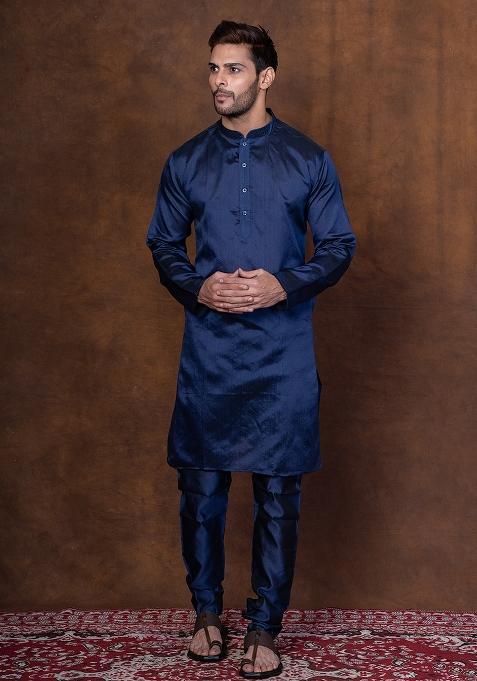 Navy Blue Solid Blended Kurta Churidar Set For Men