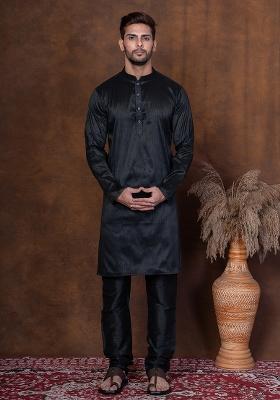 Black Solid Blended Kurta Churidar Set For Men