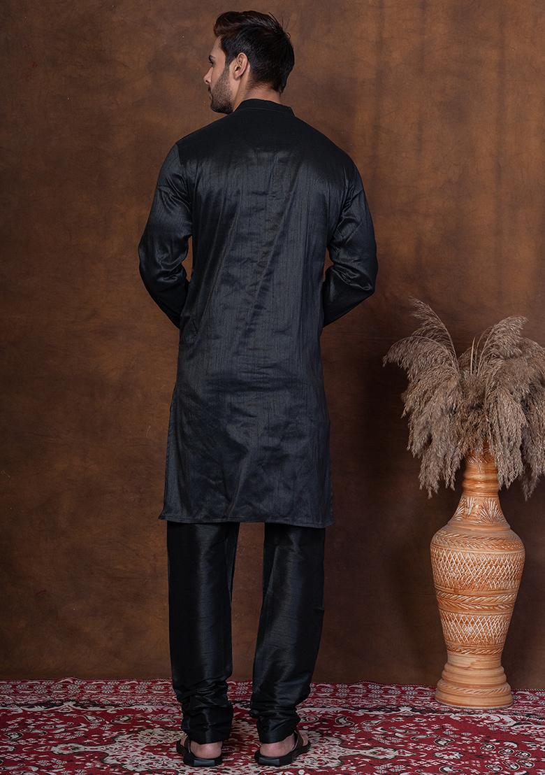 Black Solid Blended Kurta Churidar Set For Men