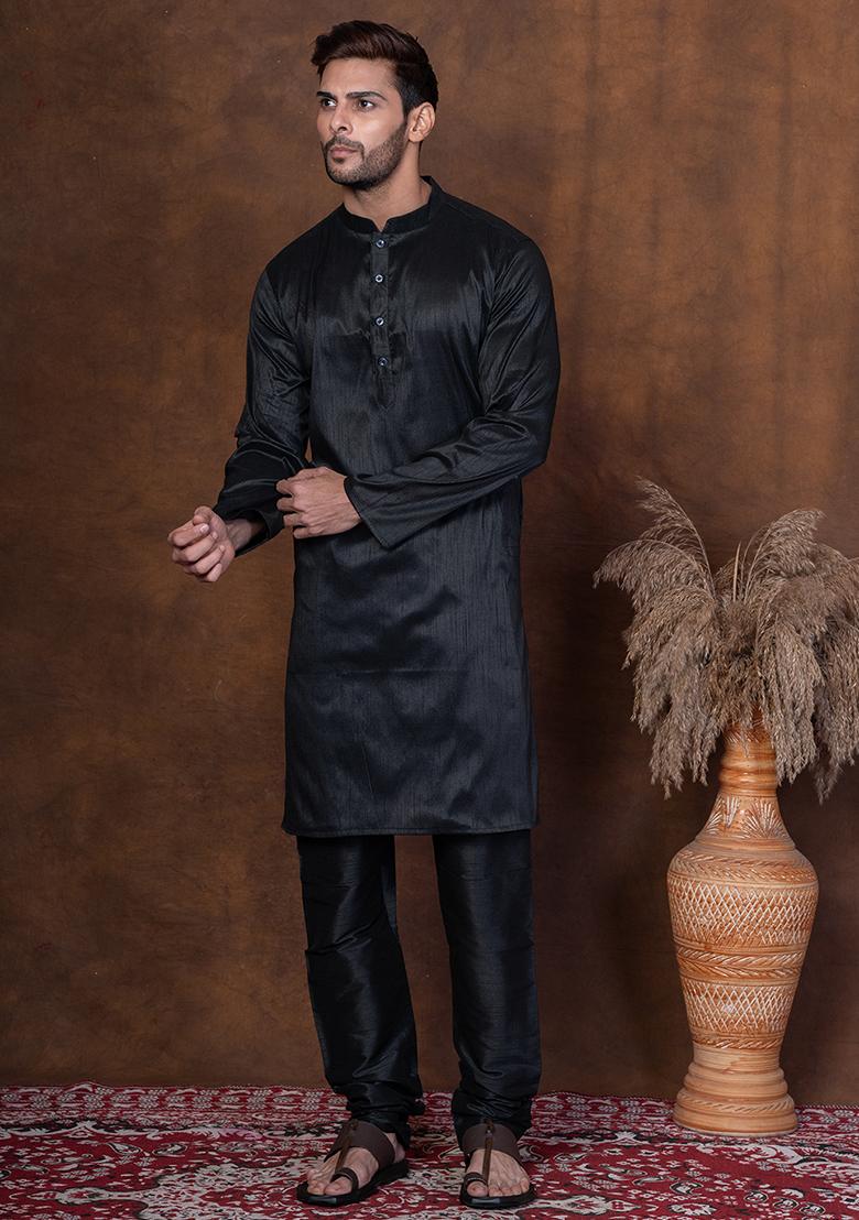 Black Solid Blended Kurta Churidar Set For Men