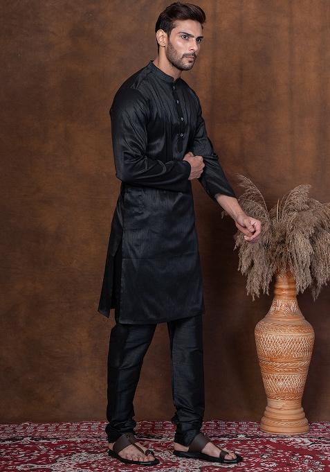 Black Solid Blended Kurta Churidar Set For Men