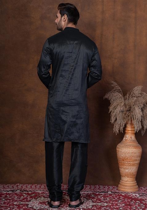Black Solid Blended Kurta Churidar Set For Men