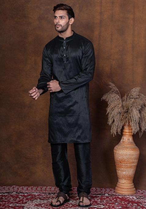 Black Solid Blended Kurta Churidar Set For Men