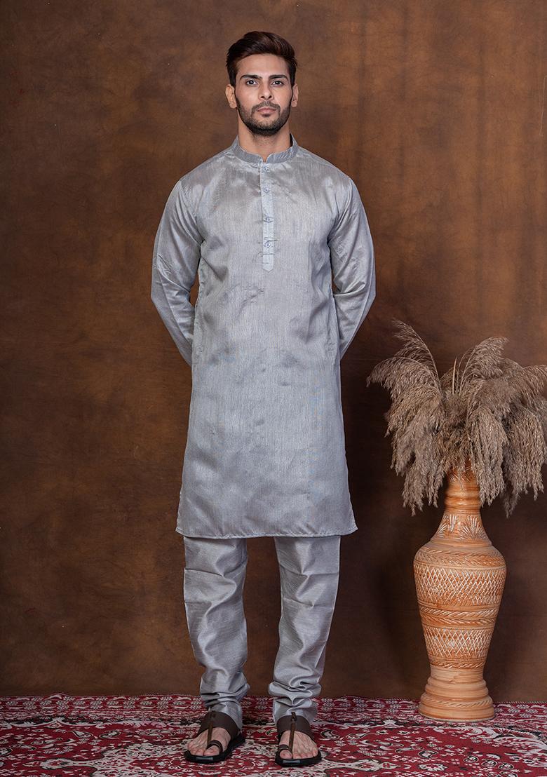 Grey Solid Blended Kurta Churidar Set For Men
