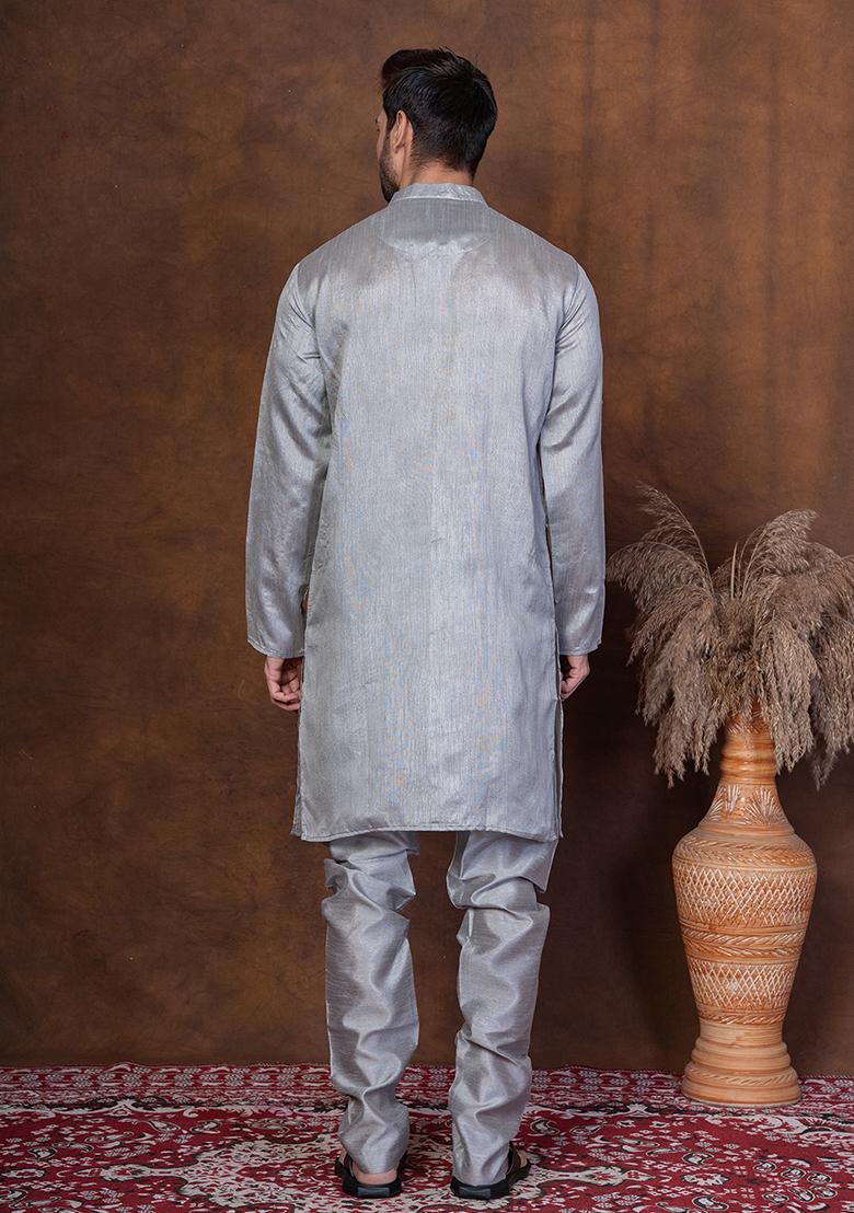 Grey Solid Blended Kurta Churidar Set For Men
