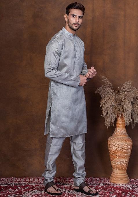 Grey Solid Blended Kurta Churidar Set For Men