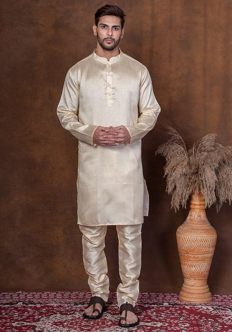 Grey Solid Blended Kurta Churidar Set For Men