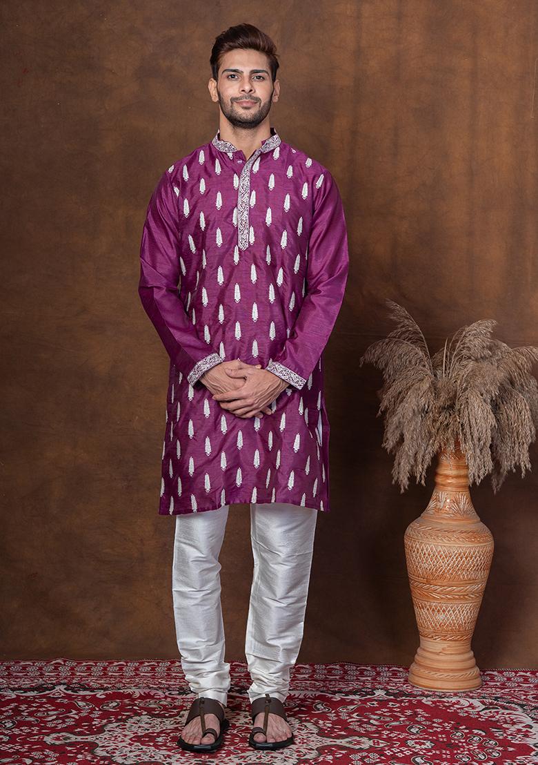 Purple Embroidered Blended Kurta Churidar Set For Men