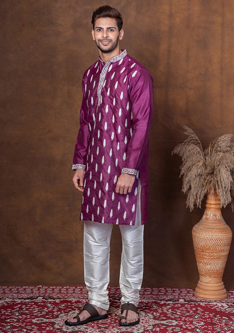 Purple Embroidered Blended Kurta Churidar Set For Men