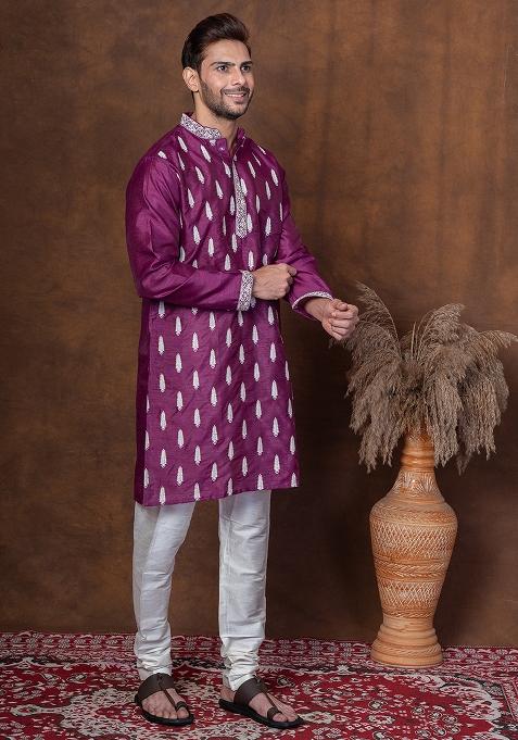 Purple Embroidered Blended Kurta Churidar Set For Men