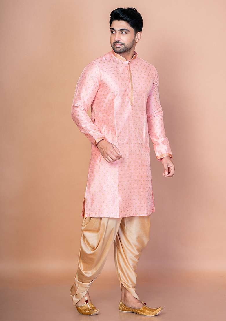 Pink Embroidered Blended Kurta Patiala Set For Men - Indya