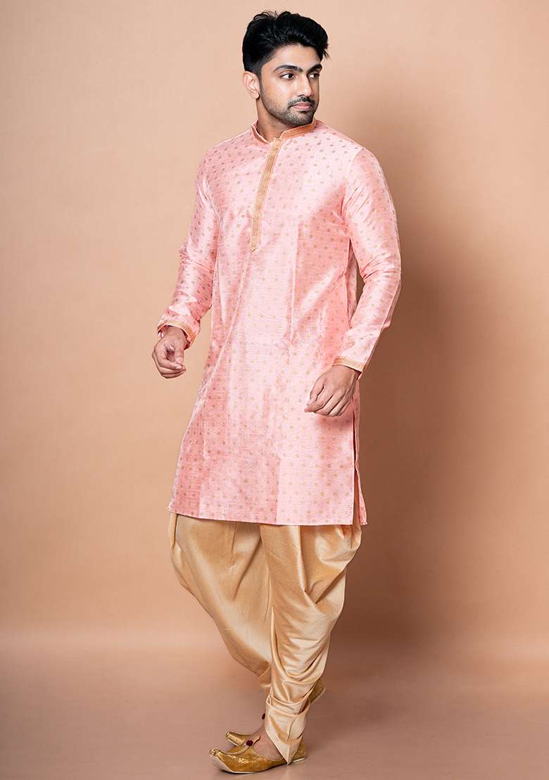 Pink Embroidered Blended Kurta Patiala Set For Men - Indya