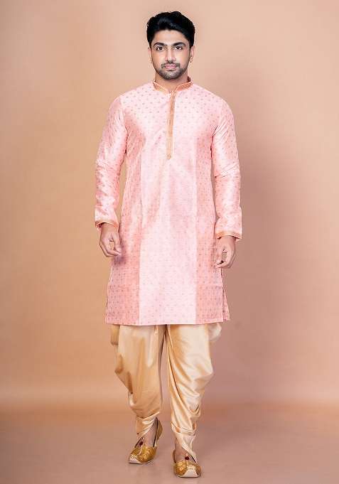 Pink Embroidered Blended Kurta Patiala Set For Men