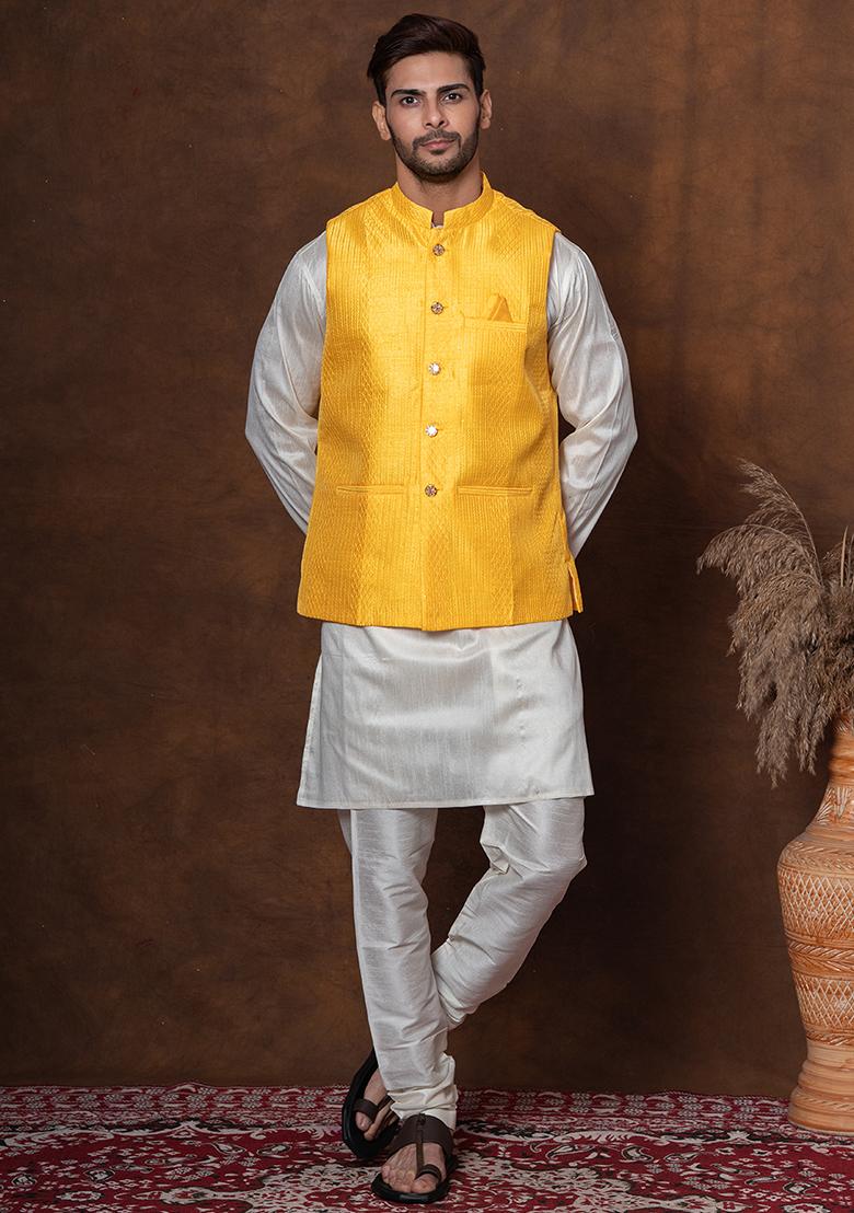Golden Embroidered Silk Blend Kurta Jacket Churidar Set For Men