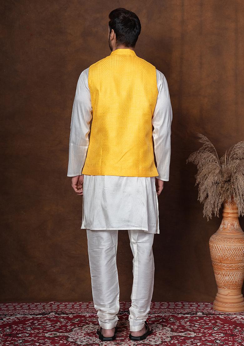 Golden Embroidered Silk Blend Kurta Jacket Churidar Set For Men