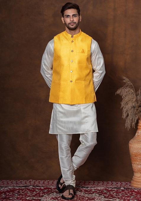 Golden Embroidered Silk Blend Kurta Jacket Churidar Set For Men
