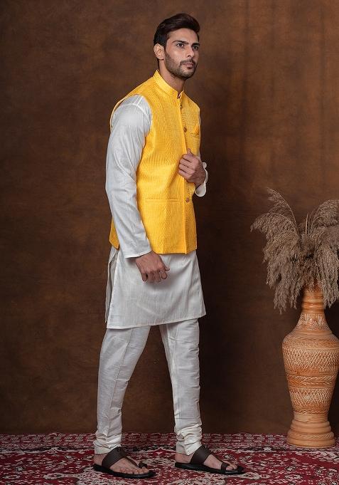 Golden Embroidered Silk Blend Kurta Jacket Churidar Set For Men