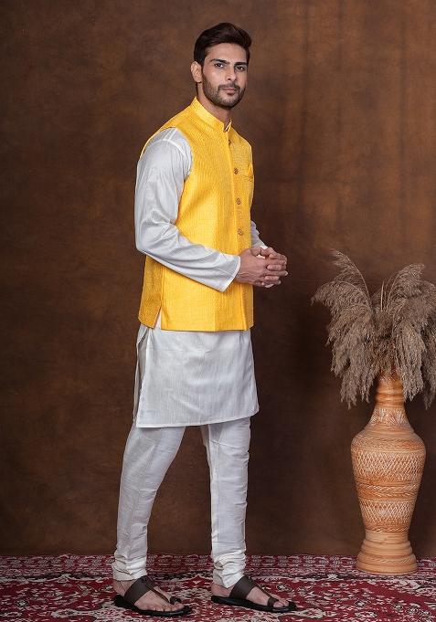 Golden Embroidered Silk Blend Kurta Jacket Churidar Set For Men
