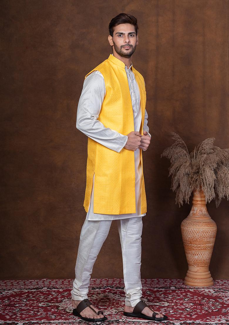 Golden Embroidered Silk Blend Kurta Jacket Churidar Set For Men