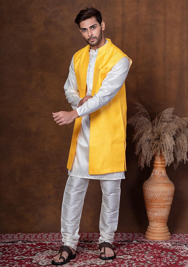 Golden Embroidered Silk Blend Kurta Jacket Churidar Set For Men