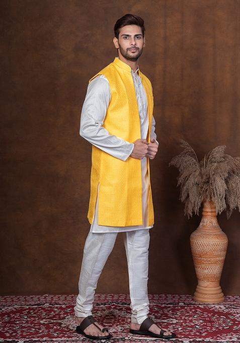 Golden Embroidered Silk Blend Kurta Jacket Churidar Set For Men